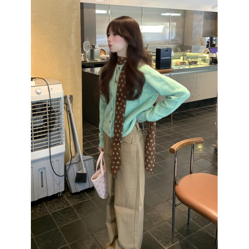 綠色針織開衫毛衣外套女秋冬2025新款韓系氛圍感穿搭小香慵懶上衣