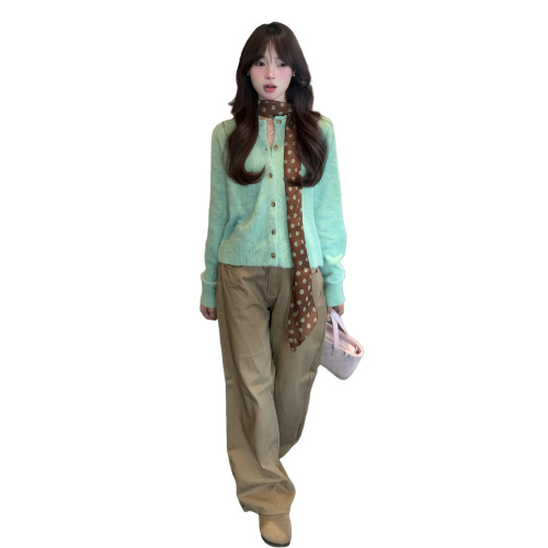 綠色針織開衫毛衣外套女秋冬2025新款韓系氛圍感穿搭小香慵懶上衣