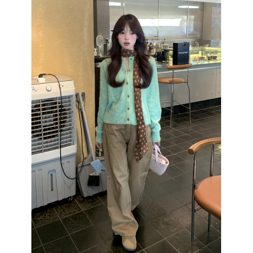 綠色針織開衫毛衣外套女秋冬2025新款韓系氛圍感穿搭小香慵懶上衣