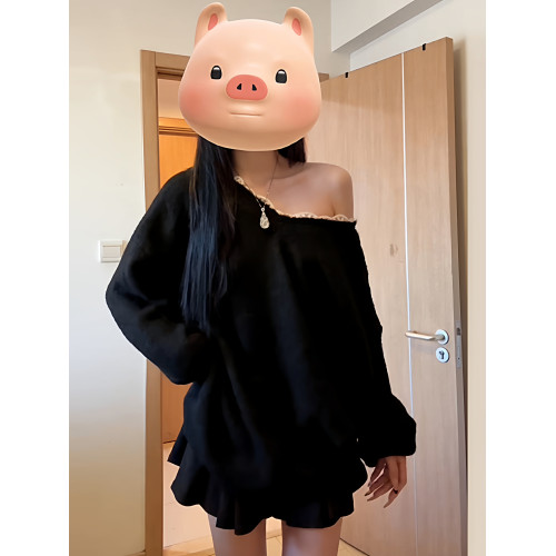 黑色v領蝴蝶結毛衣女秋冬2025新款慵懶風露肩針織上衣設計感小衆 黑色v領蝴蝶結毛衣女秋冬2025新款慵懶風露肩針織上衣設計感小衆