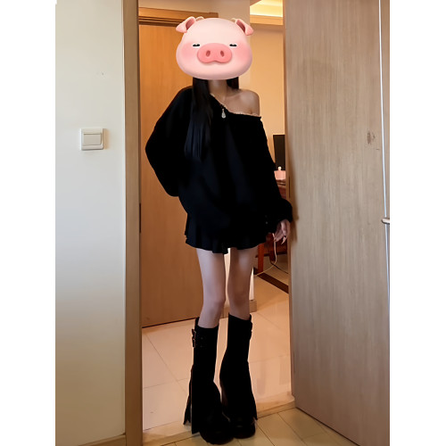 黑色v領蝴蝶結毛衣女秋冬2025新款慵懶風露肩針織上衣設計感小衆 黑色v領蝴蝶結毛衣女秋冬2025新款慵懶風露肩針織上衣設計感小衆