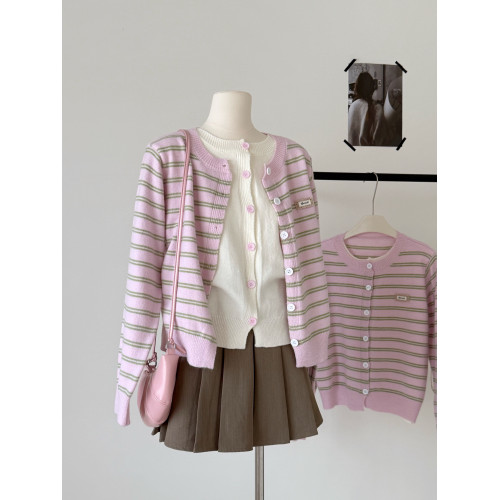 RENA韓系粉色條紋假兩件針織開衫女秋冬毛衣外套早秋穿搭上衣