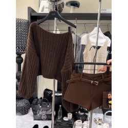 復古一字肩針織衫上衣女咖色露肩顯瘦慵懶風時尚毛衣2025秋季新款