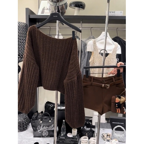 復古一字肩針織衫上衣女咖色露肩顯瘦慵懶風時尚毛衣2025秋季新款 復古一字肩針織衫上衣女咖色露肩顯瘦慵懶風時尚毛衣2025秋季新款