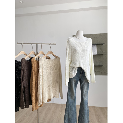 韓版時尚純色簡約鏤空毛衣女2025年秋季新款寬松顯瘦百搭小衆上衣