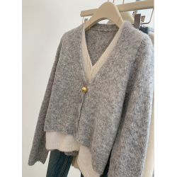 韓系假兩件灰色v領氣質針織開衫女秋冬慵懶風高級感軟糯毛衣外套