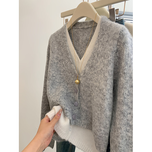 韓系假兩件灰色v領氣質針織開衫女秋冬慵懶風高級感軟糯毛衣外套