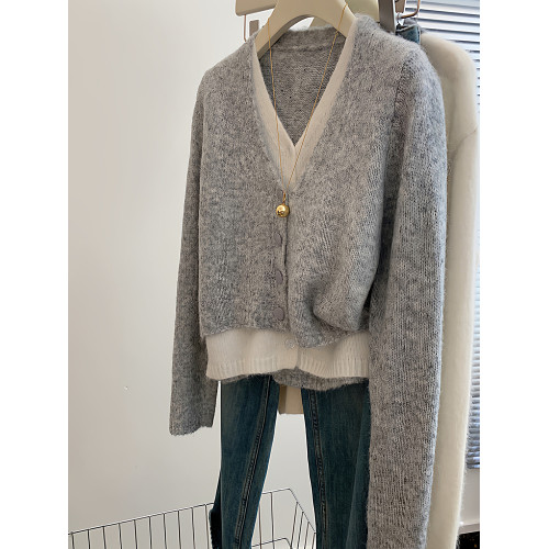 韓系假兩件灰色v領氣質針織開衫女秋冬慵懶風高級感軟糯毛衣外套