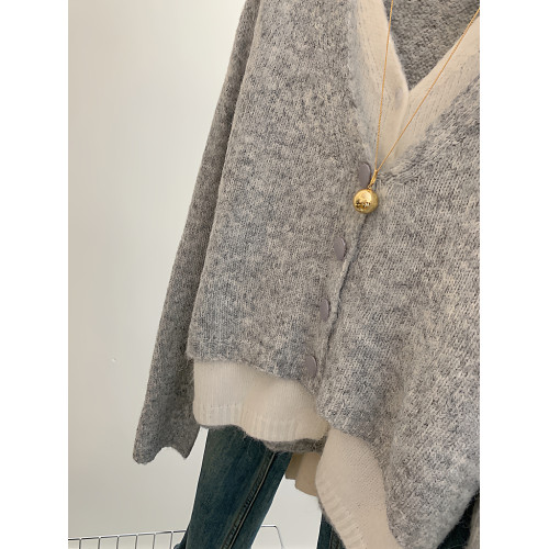 韓系假兩件灰色v領氣質針織開衫女秋冬慵懶風高級感軟糯毛衣外套