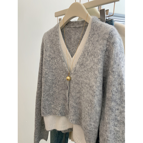 韓系假兩件灰色v領氣質針織開衫女秋冬慵懶風高級感軟糯毛衣外套