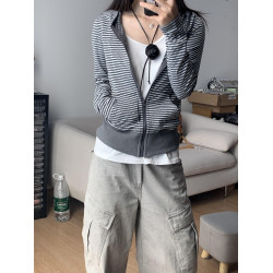 美式復古灰色條紋波點連帽拉鍊衛衣外套女秋季修身短款開衫上衣潮