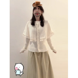 白色設計感假兩件長袖蕾絲披肩鬭篷針織衫女秋冬2025新款顯瘦上衣