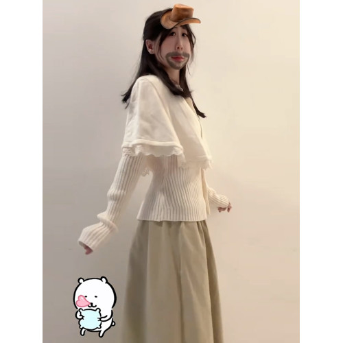 白色設計感假兩件長袖蕾絲披肩鬭篷針織衫女秋冬2025新款顯瘦上衣 白色設計感假兩件長袖蕾絲披肩鬭篷針織衫女秋冬2025新款顯瘦上衣