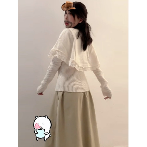 白色設計感假兩件長袖蕾絲披肩鬭篷針織衫女秋冬2025新款顯瘦上衣 白色設計感假兩件長袖蕾絲披肩鬭篷針織衫女秋冬2025新款顯瘦上衣