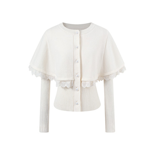 白色設計感假兩件長袖蕾絲披肩鬭篷針織衫女秋冬2025新款顯瘦上衣 白色設計感假兩件長袖蕾絲披肩鬭篷針織衫女秋冬2025新款顯瘦上衣