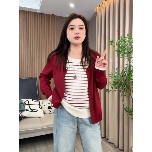 大碼秋冬韓系條紋假兩件針織開衫女胖mm遮肉顯瘦百搭長袖短款上衣