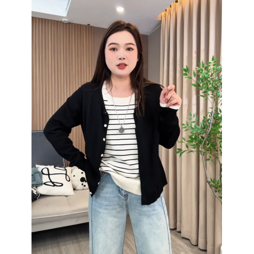 大碼秋冬韓系條紋假兩件針織開衫女胖mm遮肉顯瘦百搭長袖短款上衣