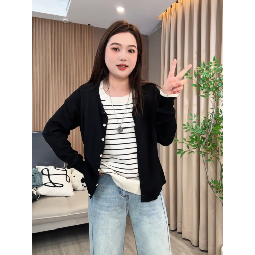 大碼秋冬韓系條紋假兩件針織開衫女胖mm遮肉顯瘦百搭長袖短款上衣