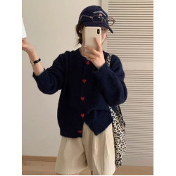 韓版復古愛心釦針織開衫女春秋季chic松弛感慵懶毛衣百搭軟糯外套