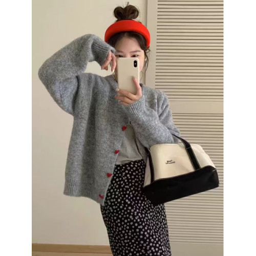 韓版復古愛心釦針織開衫女春秋季chic松弛感慵懶毛衣百搭軟糯外套