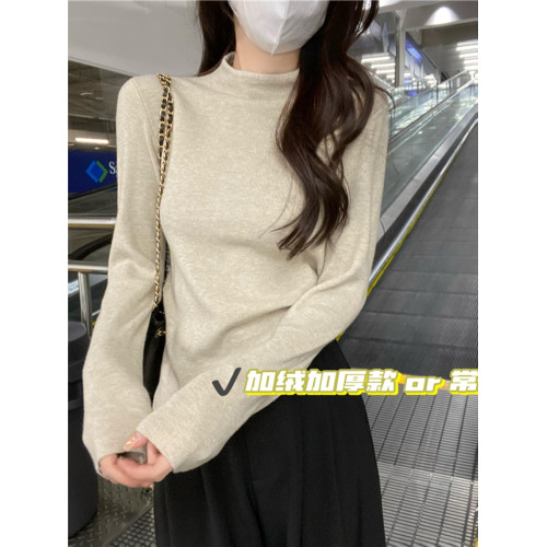 PPHOME一體絨加厚半高領純色針織衫女秋冬保暖打底衫修身內搭上衣