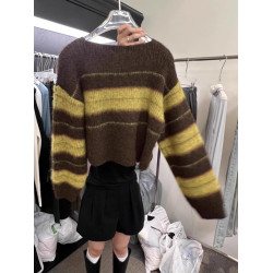 韓國東大門2025秋冬新款復古條紋拼色短款毛衣女套頭小個子針織衫