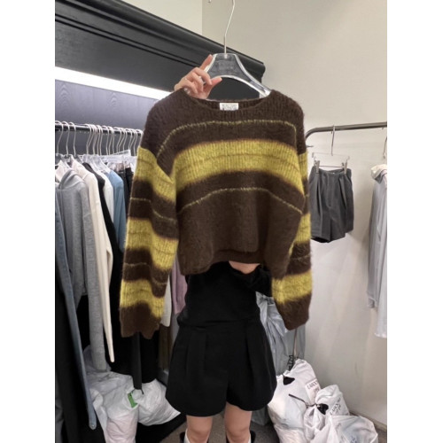 韓國東大門2025秋冬新款復古條紋拼色短款毛衣女套頭小個子針織衫 韓國東大門2025秋冬新款復古條紋拼色短款毛衣女套頭小個子針織衫