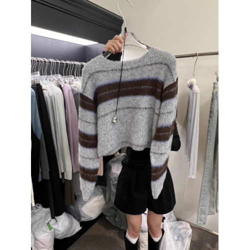 韓國東大門2025秋冬新款復古條紋拼色短款毛衣女套頭小個子針織衫 韓國東大門2025秋冬新款復古條紋拼色短款毛衣女套頭小個子針織衫