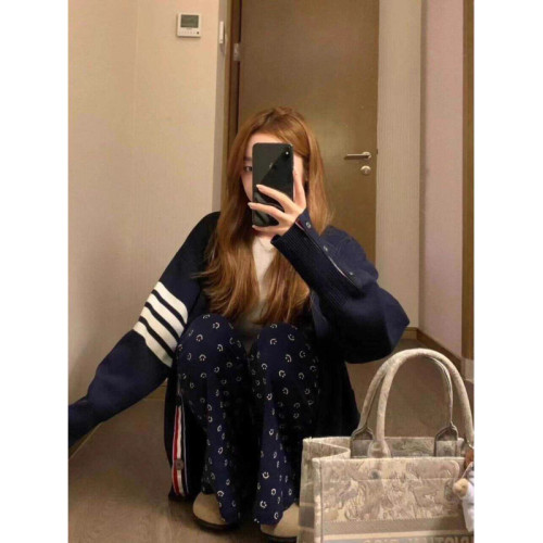 開衫毛衣女2025早秋季四條杠學院風條紋V領高級感短款針織衫外套