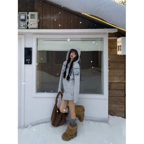 195大喜 美式小狗提花連帽針織毛衣外套女秋冬百搭慵懶休閒短裙潮 195大喜 美式小狗提花連帽針織毛衣外套女秋冬百搭慵懶休閒短裙潮