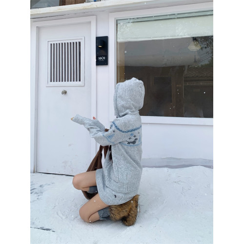 195大喜 美式小狗提花連帽針織毛衣外套女秋冬百搭慵懶休閒短裙潮 195大喜 美式小狗提花連帽針織毛衣外套女秋冬百搭慵懶休閒短裙潮