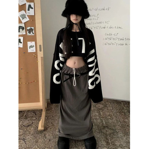 超大袖子字母印花休閒短款毛衣女秋季寬松顯瘦個性街頭針織衫上衣