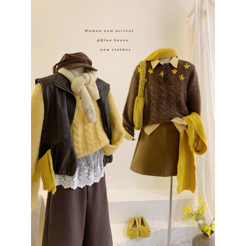 日系復古暖黃軟糯套頭針織毛衣女秋寬松刺綉鉤花少女甜美復古上衣 日系復古暖黃軟糯套頭針織毛衣女秋寬松刺綉鉤花少女甜美復古上衣