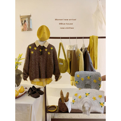 日系復古暖黃軟糯套頭針織毛衣女秋寬松刺綉鉤花少女甜美復古上衣 日系復古暖黃軟糯套頭針織毛衣女秋寬松刺綉鉤花少女甜美復古上衣