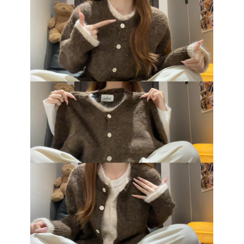 假兩件復古慵懶風長袖毛衣外套女秋冬韓系設計感寬松針織開衫上衣 假兩件復古慵懶風長袖毛衣外套女秋冬韓系設計感寬松針織開衫上衣