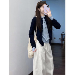 藏青色假兩件設計感薄針織開衫外套女2025新款早秋氛圍感穿搭上衣