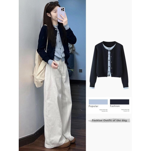 藏青色假兩件設計感薄針織開衫外套女2025新款早秋氛圍感穿搭上衣