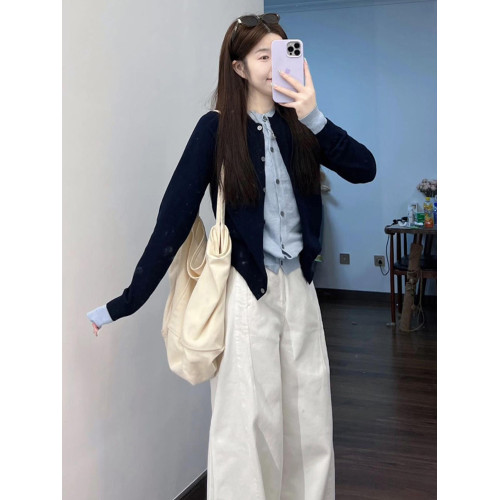 藏青色假兩件設計感薄針織開衫外套女2025新款早秋氛圍感穿搭上衣