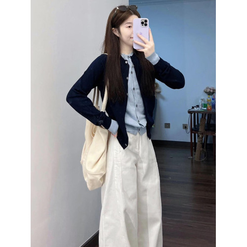 藏青色假兩件設計感薄針織開衫外套女2025新款早秋氛圍感穿搭上衣