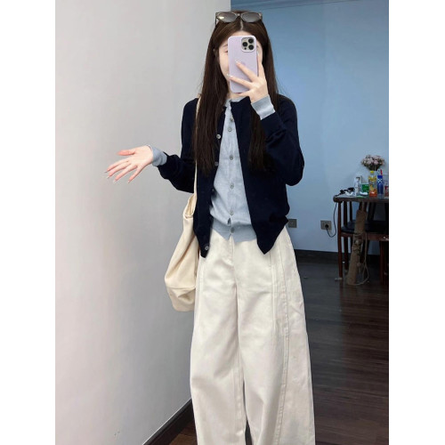 藏青色假兩件設計感薄針織開衫外套女2025新款早秋氛圍感穿搭上衣