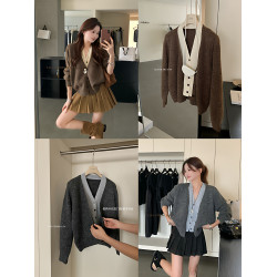 美拉德咖色假兩件撞色V領針織開衫毛衣女秋季設計感小衆寬松上衣