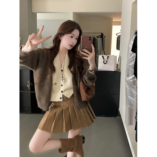 美拉德咖色假兩件撞色V領針織開衫毛衣女秋季設計感小衆寬松上衣