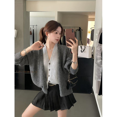 美拉德咖色假兩件撞色V領針織開衫毛衣女秋季設計感小衆寬松上衣