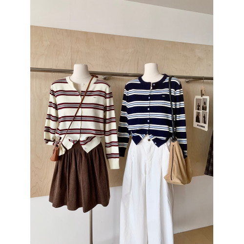 RENA復古條紋針織開衫女圓領撞色長袖氣質時尚休閒顯瘦外套上衣