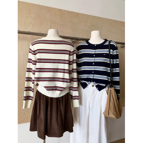 RENA復古條紋針織開衫女圓領撞色長袖氣質時尚休閒顯瘦外套上衣