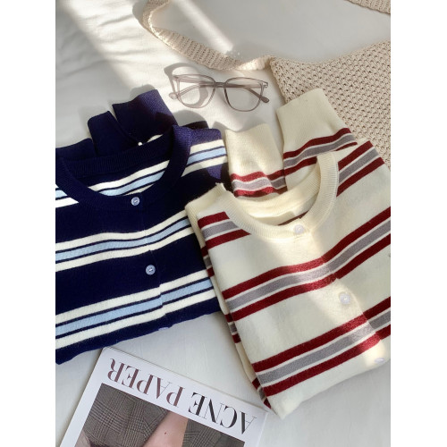 RENA復古條紋針織開衫女圓領撞色長袖氣質時尚休閒顯瘦外套上衣