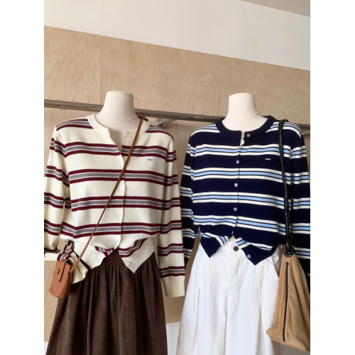 RENA復古條紋針織開衫女圓領撞色長袖氣質時尚休閒顯瘦外套上衣