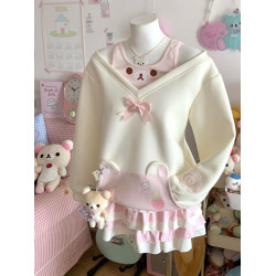 日系甜美可愛二次元軟萌宅系輕松熊假兩件長袖衛衣露肩寬松上衣女