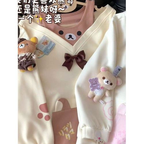 日系甜美可愛二次元軟萌宅系輕松熊假兩件長袖衛衣露肩寬松上衣女 日系甜美可愛二次元軟萌宅系輕松熊假兩件長袖衛衣露肩寬松上衣女