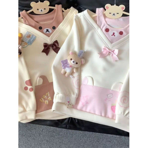 日系甜美可愛二次元軟萌宅系輕松熊假兩件長袖衛衣露肩寬松上衣女 日系甜美可愛二次元軟萌宅系輕松熊假兩件長袖衛衣露肩寬松上衣女